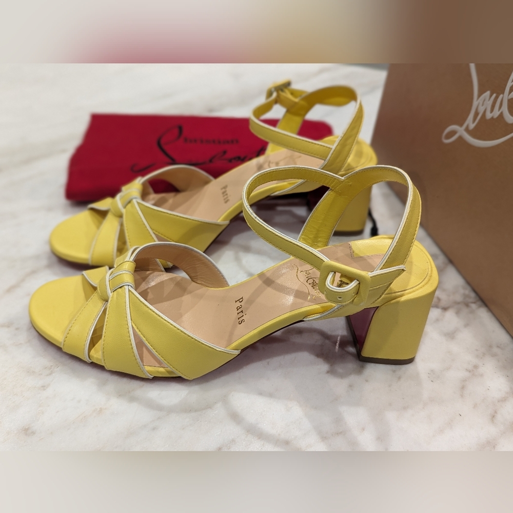 Christian Louboutin Leather Block Heel Ankle Strap Sandal Shoes Yellow NWT